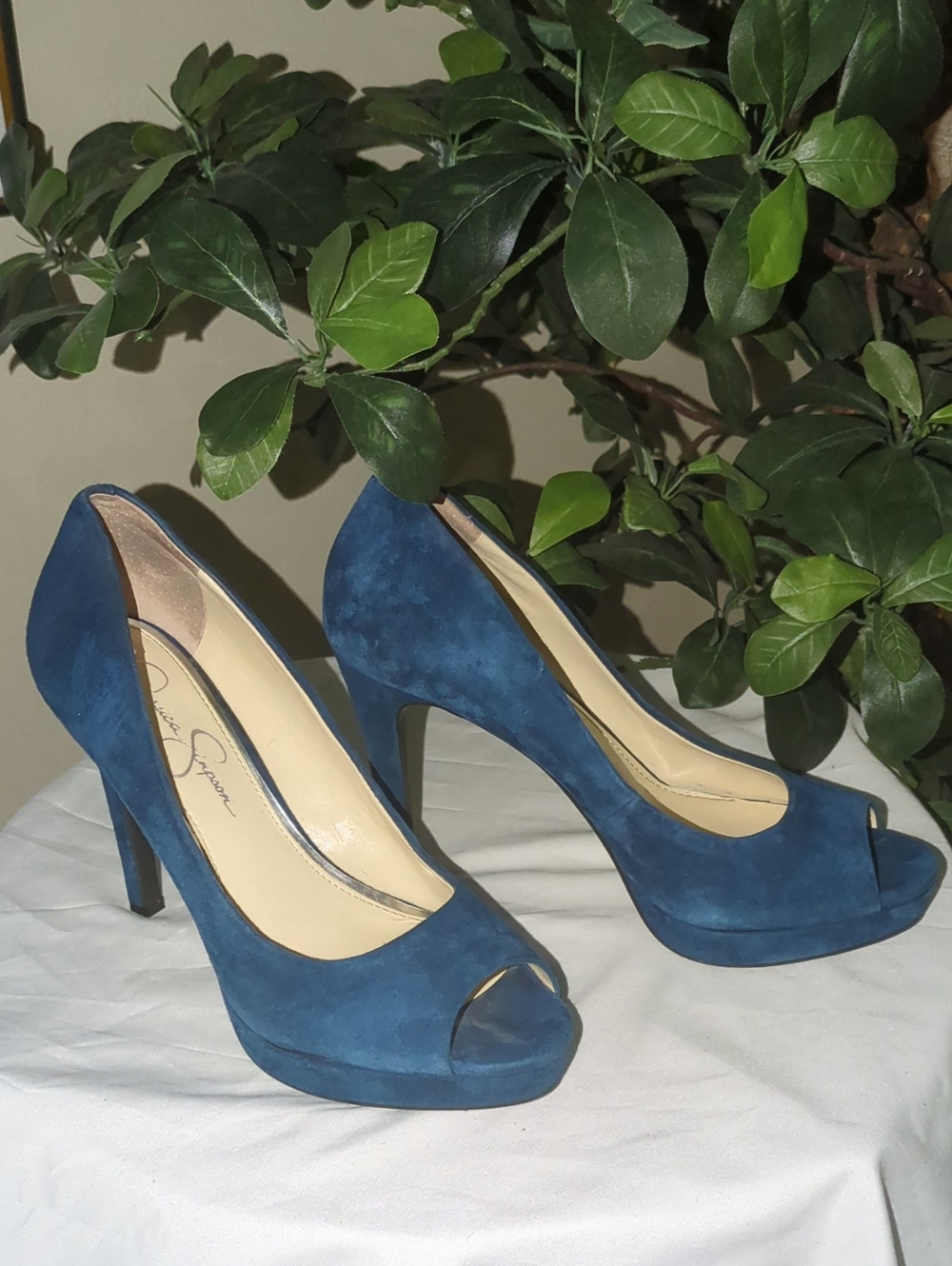 Jessica Simpson Teal Blue Suede Peep-Toe Platform Stilettos